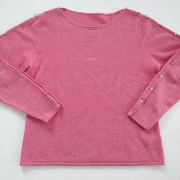 Rose Pink Cashmere Sweater Rhinestone Button Detail on Shoulders and Sleeves - Picture 9 of 11